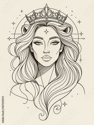 Illustration of a Leo woman with long hair and crown design. Astrology
