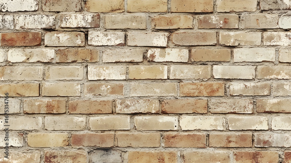 An old brick wall displays a rustic texture with beige, brown, and white bricks in a horizontal pattern. An old brick wall displays a rustic texture with beige, brown, and white bricks in a horizontal pattern.