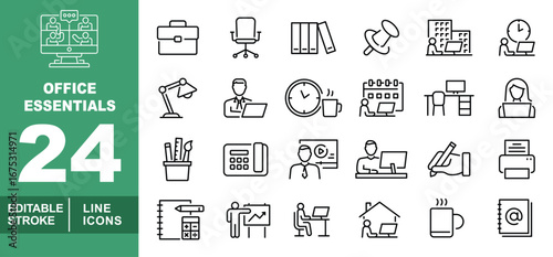 Office line icon set. Exclusive office line icon collection. Containing briefcase, chair, binder, pin, workplace, overtime, lamp, worker, clock, schedule. Editable stroke