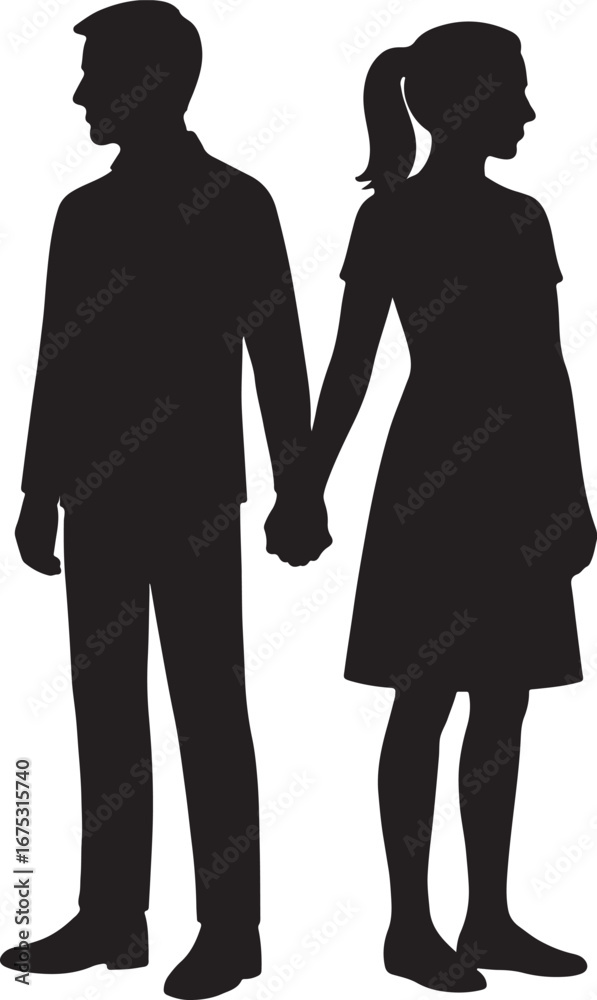 Silhouettes of a couple holding hands facing away from each other Silhouettes of a couple holding hands facing away from each other