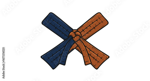 Stylized vector graphic design of crossed blue and orange martial arts belts tied in a knot, representing combat sports