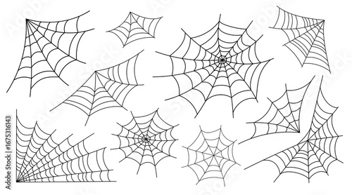 Spider webs vector – detailed web shapes in various designs, ideal for Halloween invitations, gothic decor, horror themes, and spooky crafts.