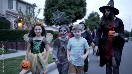 Children Trick-or-Treating in Halloween Costumes Walking Down Suburban Street