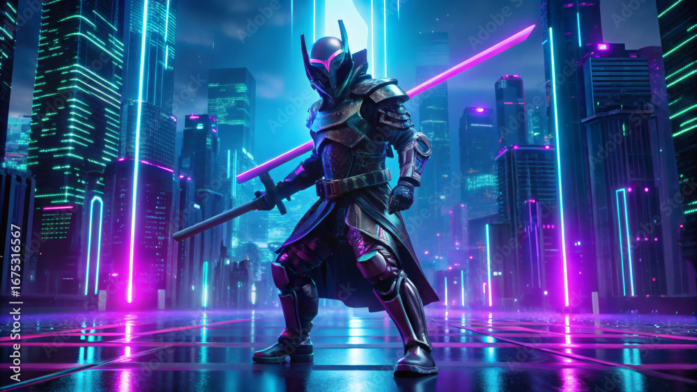 Fototapeta premium 3D Cyberpunk Samurai Warrior with Neon Katana