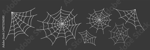 Intricate white spider webs – creepy vector set on dark backdrop, perfect for Halloween themes, horror graphics, and gothic-style seasonal designs.