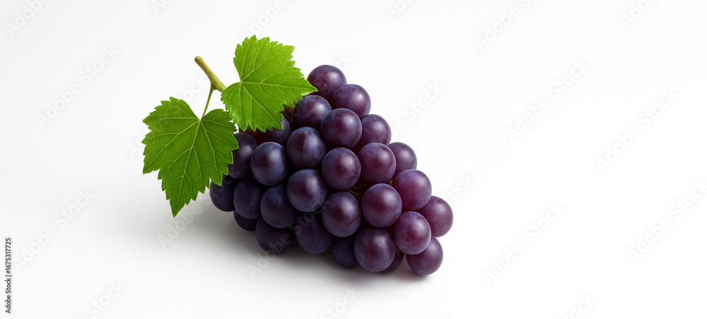 Obraz premium Fresh ripe grapes with vibrant green leaves isolated on clean white background, Farm fresh grapes with lush green leaves on plain white background.