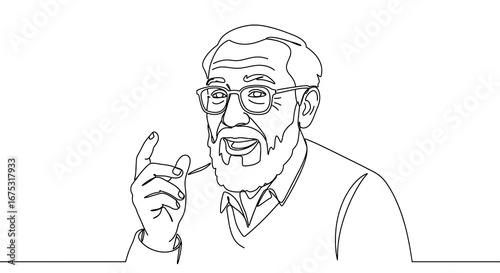 Happy old man with glasses, one line art.