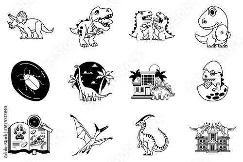 black and white illustration of Dinosaur character cartoons collection