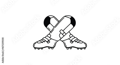 Simple black outline illustration of a pair of crossed football boots, a classic symbol for soccer clubs, games, and athletic equipment