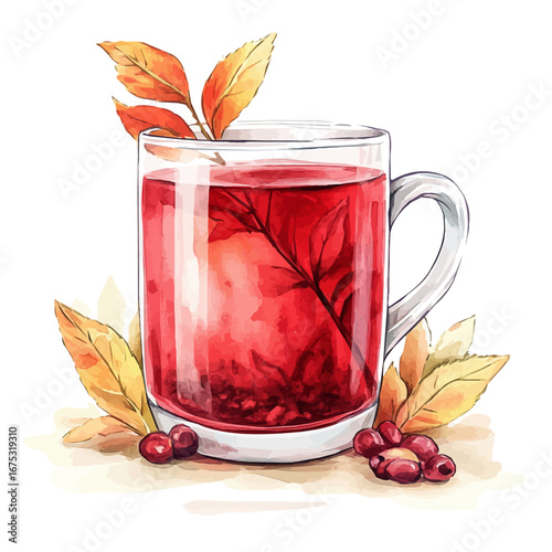 Hot Tea Autumn Cup, watercolor painting vector, isolated on a white background.