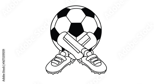 Monochrome graphic design of a soccer ball and crossed football boots, a classic sports emblem illustration isolated on a white background