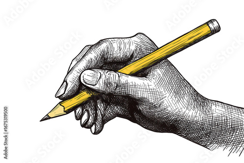 Artistic hand gripping a yellow pencil in a creative expression moment with focus on artistry and skill