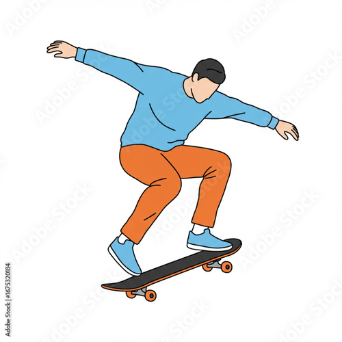 Vector illustration of a young skateboarder in casual clothes performing a jumping trick. Youth street sport and active lifestyle concept