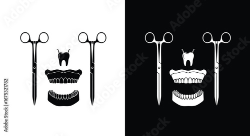 Dental tools and jaw illustration in black and white.