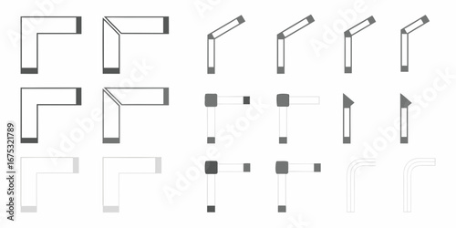 Collection of l shaped corner elements and angled connectors in various styles and colors for design and construction