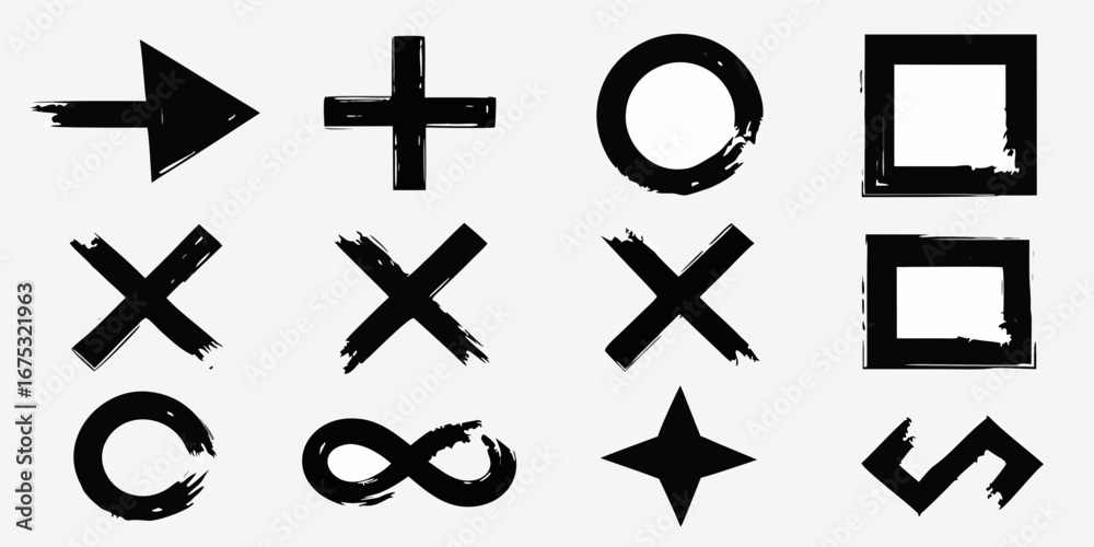 Obraz premium Collection of hand drawn black graphic symbols including an arrow plus sign circle squares crosses infinity symbol and star