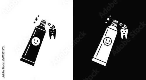 A black and white illustration of a toothpaste tube with a smiling face, dispensing toothpaste onto a happy tooth.