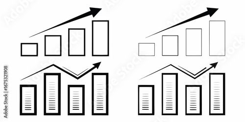 Two simple black and white bar charts with upward trending arrows indicating growth and progress