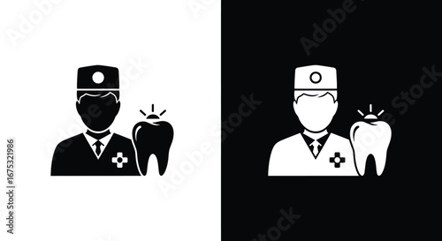 Black and white icons depicting a dentist with a shining tooth, symbolizing dental care and oral health.