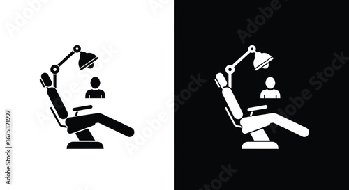 A black and white illustration of a dental chair with a person and a lamp.