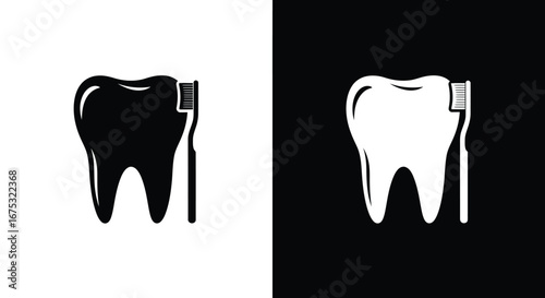 Black and white tooth and toothbrush graphic design.