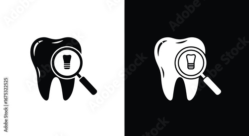 Black and white icons of a tooth under a magnifying glass with toothpaste tube inside.