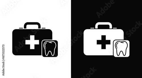 A black and white icon set featuring a first aid kit alongside a tooth symbol, representing dental emergency care.