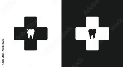 Two identical dental cross icons, one black on white and the other white on black, featuring a tooth in the center.