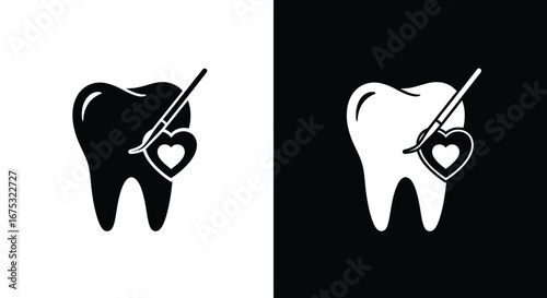 Stylized black and white vector icon of a tooth with a heart and dental instrument, symbolizing dental care and oral health.