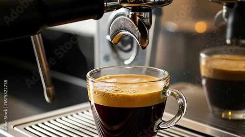 Espresso Machine Pours Coffee into Clear Glass Cup