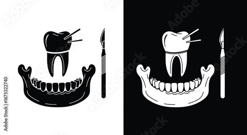 Black and white illustration of a tooth, jaw, and dental surgical instrument.