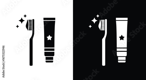 Black and white icons of toothbrush and toothpaste.