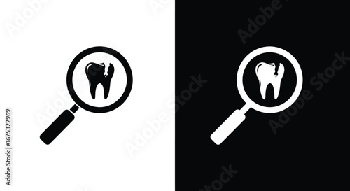Dental check-up icon with a magnifying glass examining a tooth, presented in black and white variations.
