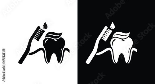 Toothbrush and tooth with toothpaste in black and white graphic illustration.