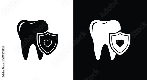 Black and white vector icons of a tooth with a protective shield and heart.