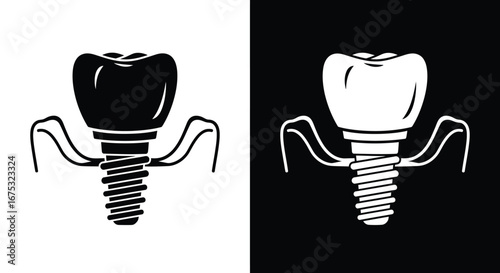 Black and white icons of a dental implant, showing the screw, abutment, and crown, representing dental surgery and prosthetics.