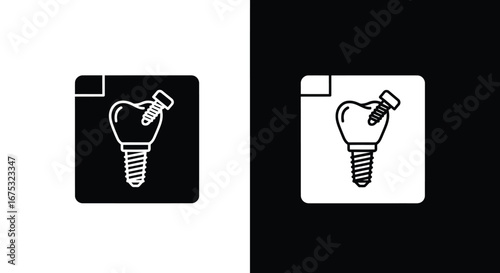 A dental implant icon is shown in two contrasting squares, one black and one white.