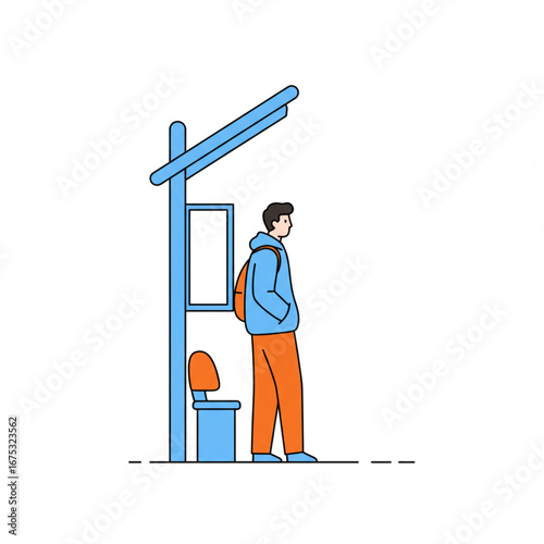 Young man with a backpack patiently waiting at a modern bus stop shelter. Vector illustration of a daily urban commute and public transportation