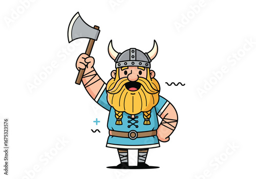 Friendly viking warrior with axe raised in victory holding his weapon high ready for battle and adventure