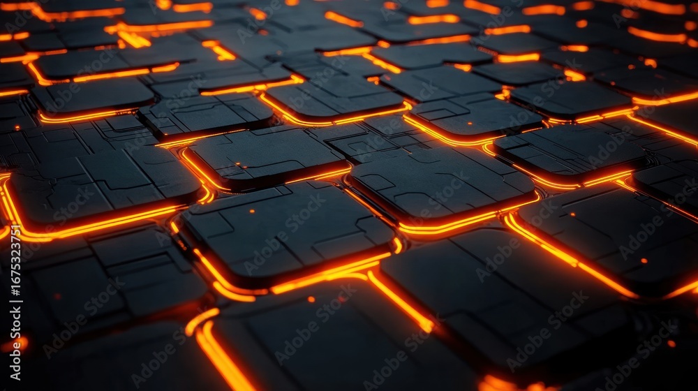 Obraz premium Close-up of futuristic black interlocking tiles with glowing orange seams creating a high-tech digital pattern