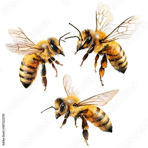 watercolor of Honey Bees, vector, isolated on a white background.