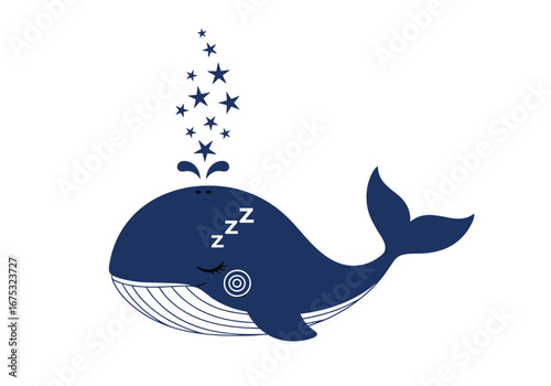 Whimsical sleeping whale spouting stars and bubbles creating a dreamy nautical nursery art