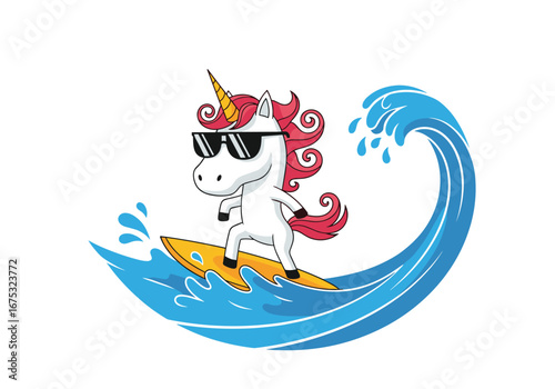 Cool unicorn surfing on a big blue wave wearing sunglasses having fun on a sunny day at the beach