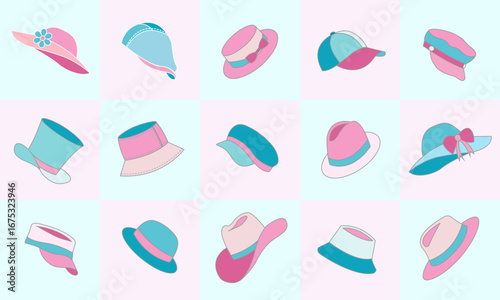 Seamless pattern of various types of hats such as bucket hats, baseball caps, sun hats with bows and flowers, fedoras, wide-brimmed sun hats, and visors, in mix of blue and pink colors shades.