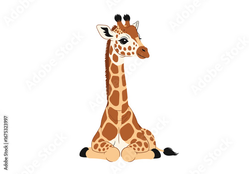 Adorable baby giraffe sitting down looking up with big eyes and spots an innocent cute and peaceful baby giraffe illustration