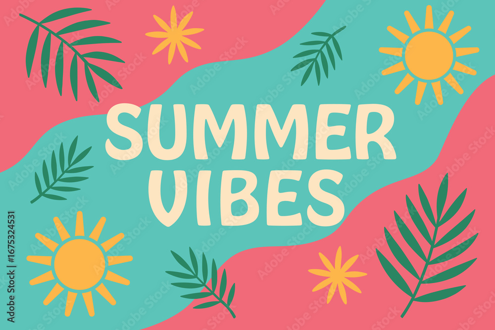 Obraz premium Summer Vibes banner with sun and palm leaves on abstract backdrop