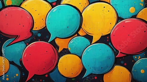 Colorful overlapping speech bubbles in red, yellow, and teal on a dark background conveying lively communication and conversation