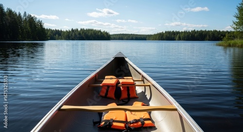 Canoe on serene lake, life vests inside