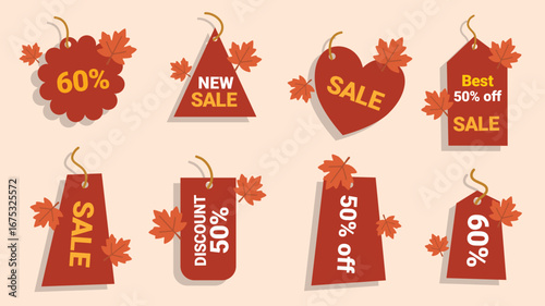 Autumn sale discount tags with leaves pumpkins promotional design