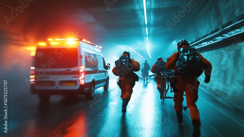 Emergency responders rush through a tunnel.